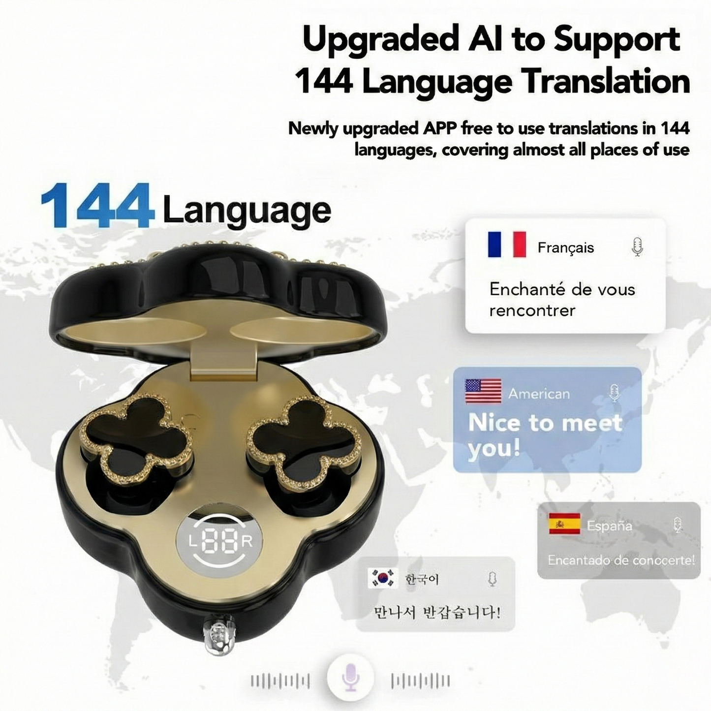 🔥 AQA® Four-Leaf Clover AI Translator Wireless Earbuds 🎀 Earphones/Translator/Earrings/Necklaces 4 in 1 🌸 Perfect Gift 🎁