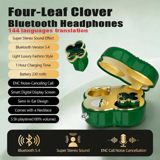 🔥 AQA® Four-Leaf Clover AI Translator Wireless Earbuds 🎀 Earphones/Translator/Earrings/Necklaces 4 in 1 🌸 Perfect Gift 🎁
