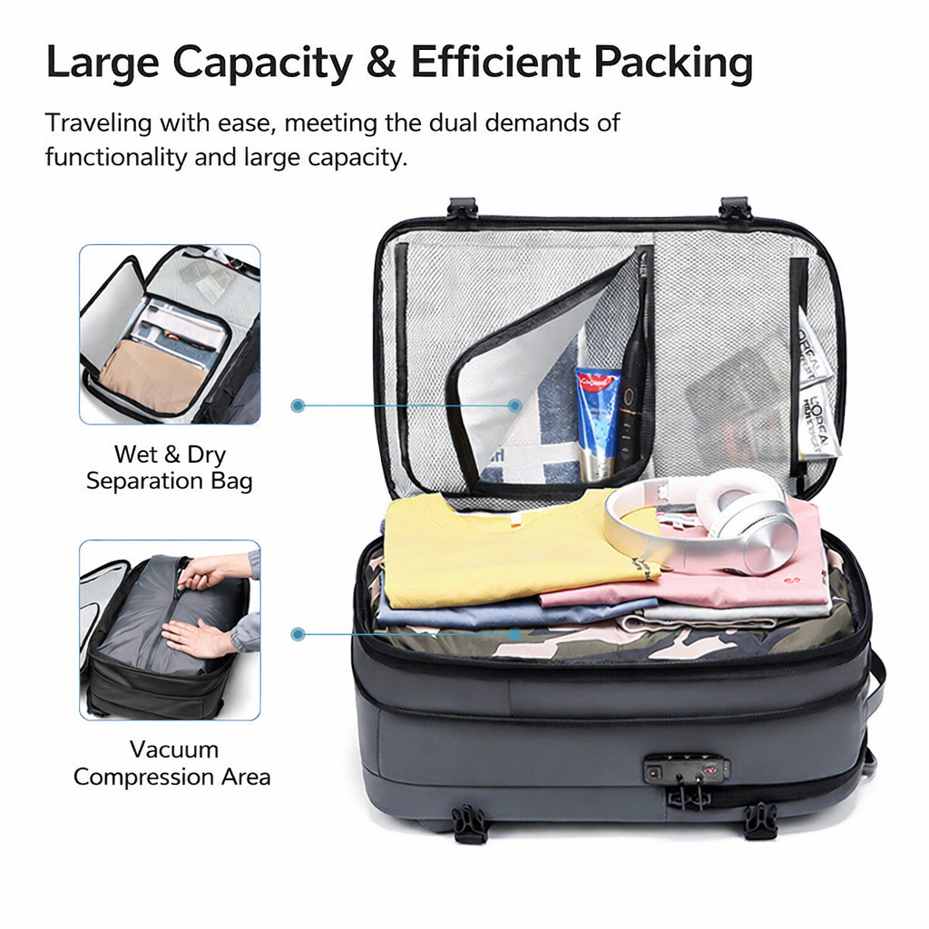 A vacuum-compression backpack designed — durable, well-structured, and built to carry more for everyday versatility.